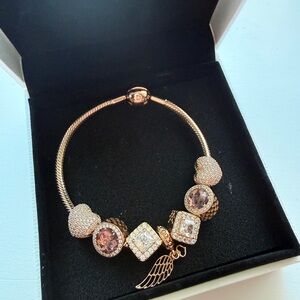 Pandora Rose Gold Charm Bracelet Full Set Pink Pavé Hearts Elegant Ready-to-Wear